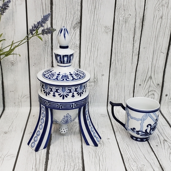 Bombay Company Ginger Jar Unique Porcelain Trim Footed Temple Style + Mug